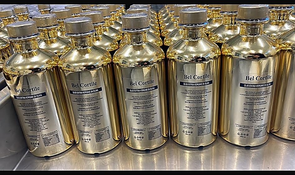 Bottles of Bel Cortile olive oil ready to ship