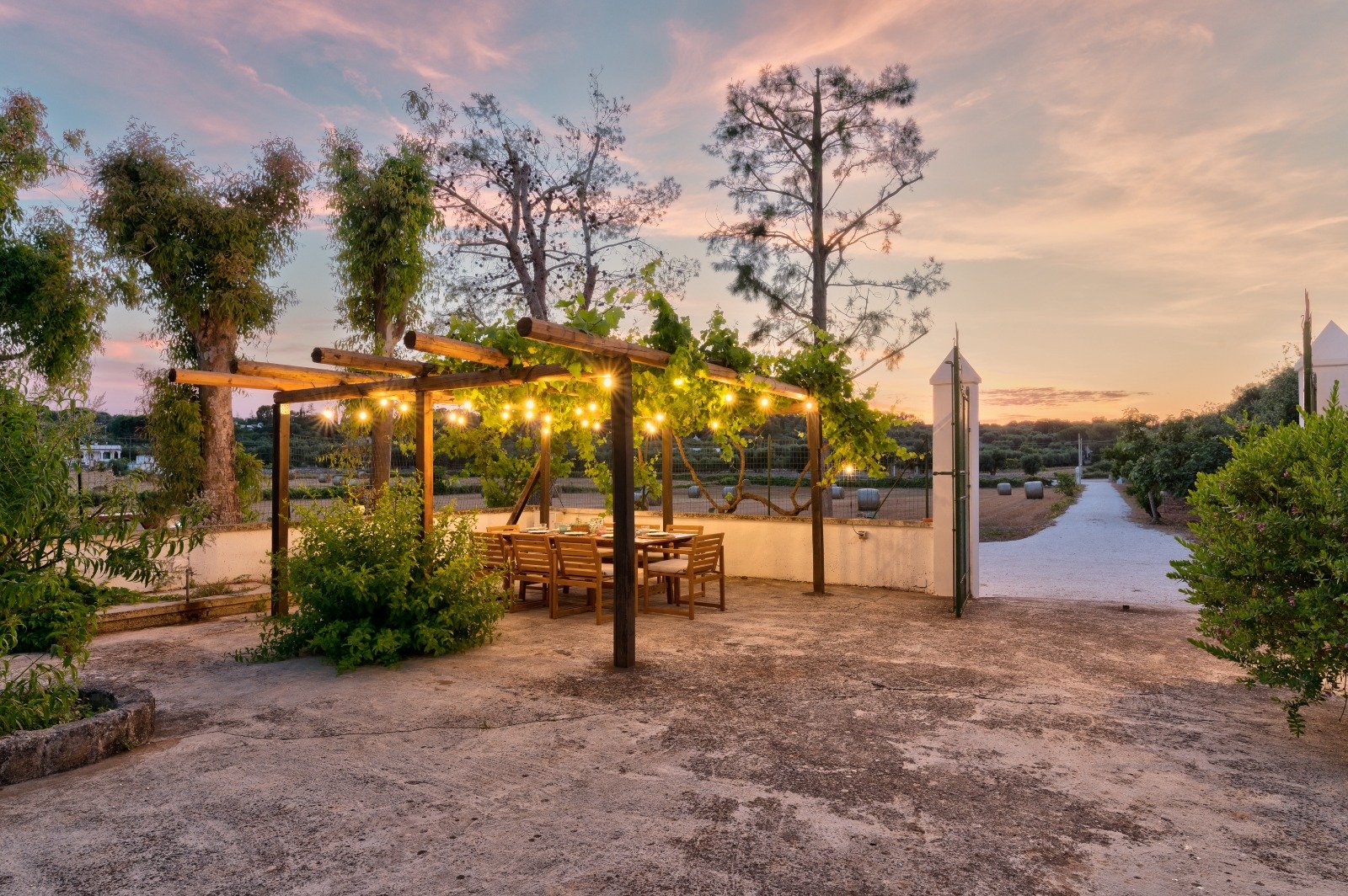 The pergola lit up at sunset among the olive trees, Masseria Bel Cortile