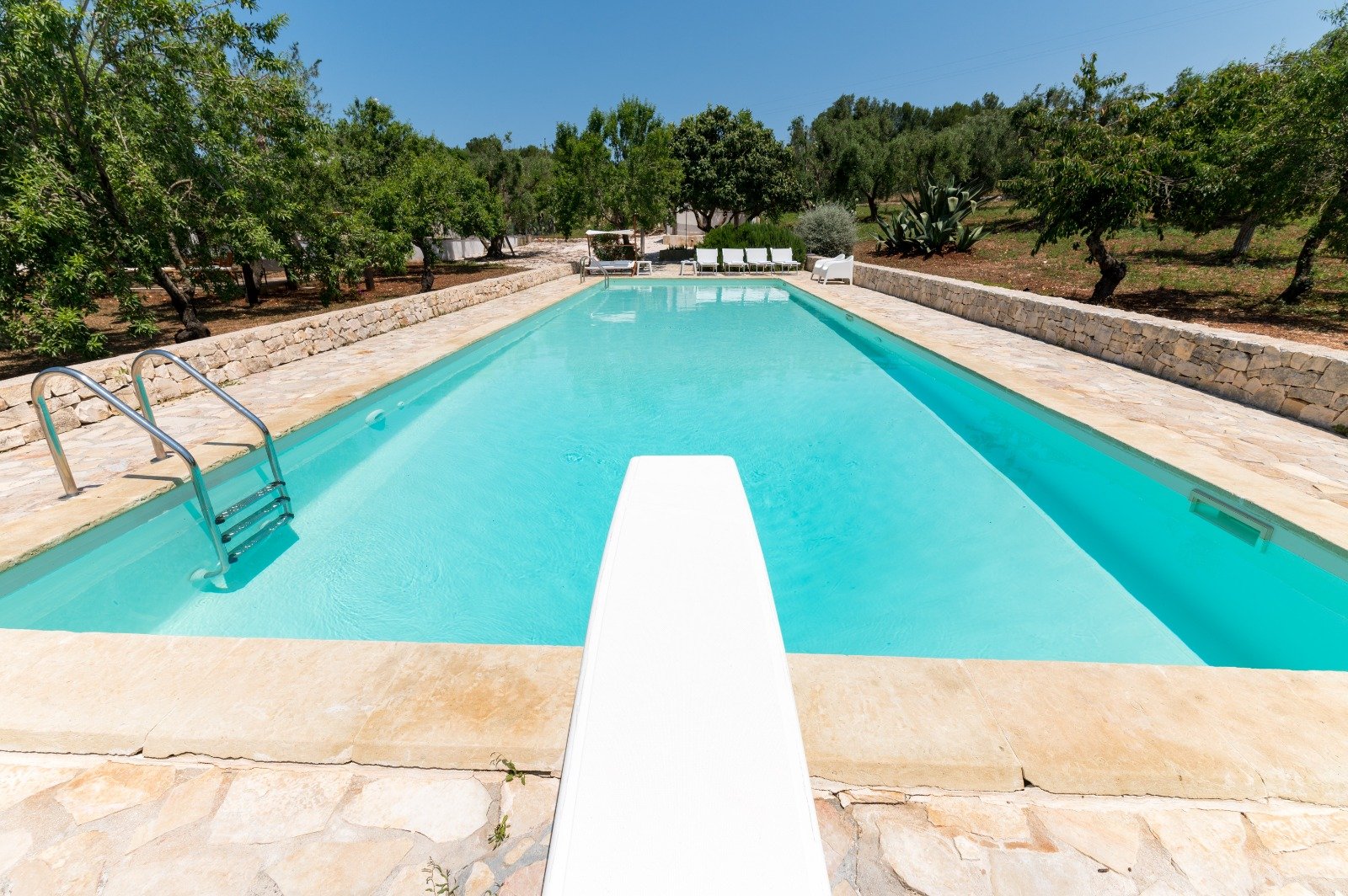 Private pool with a sun deck among the olive trees of Masseria Bel Cortile, Ostuni